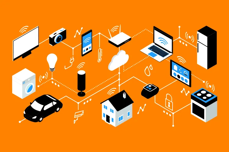 Illustration of virtual connections from a television to a camera to a cell phone to a computer to a light bulb to a washing machine to a house to a car to a refrigerator and to a stove