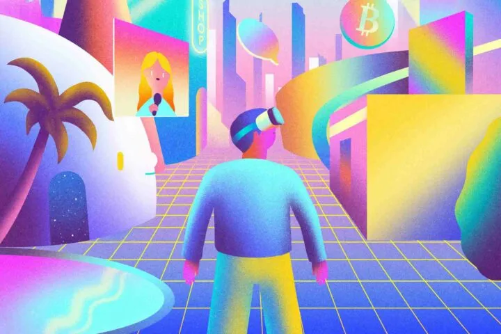 illustration of young man in the middle of an imaginary reality street with buildings and a palm tree