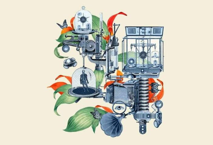 Illustration of ancient scientific devices between plants