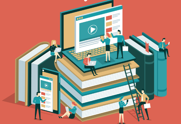 Illustration of miniature students climbing on a ladder of books to watch a screen