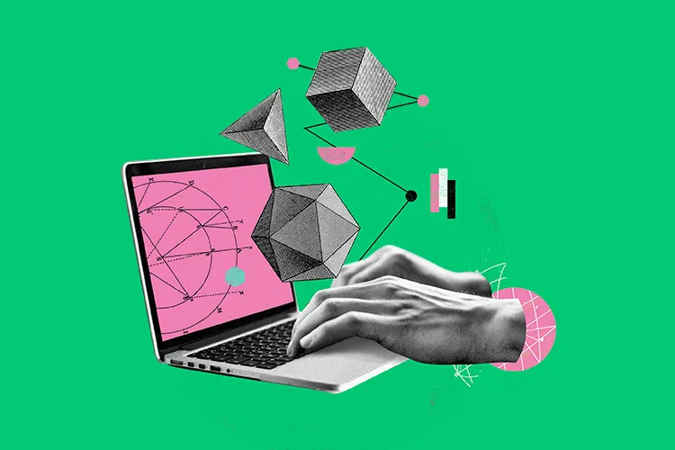 Collage art showing hands on a computer