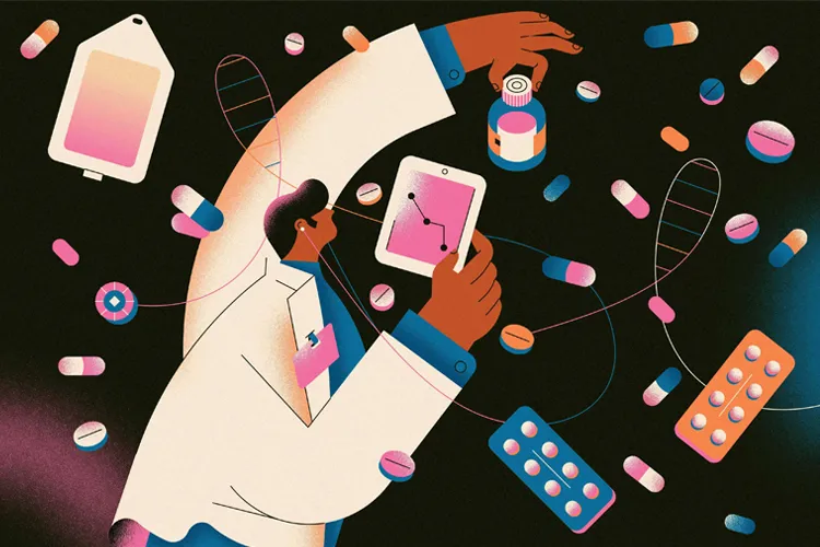 illustration of scientist and medicines
