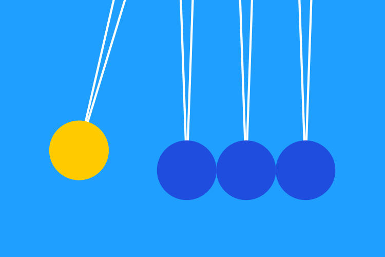 Set of three blue pendulums next to a yellow pendulum