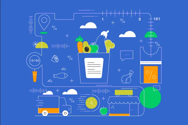 illustration with a blue font of the food production chain.