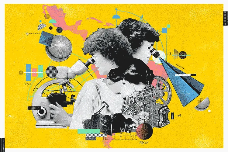 Illustration of female scientists and microscopes