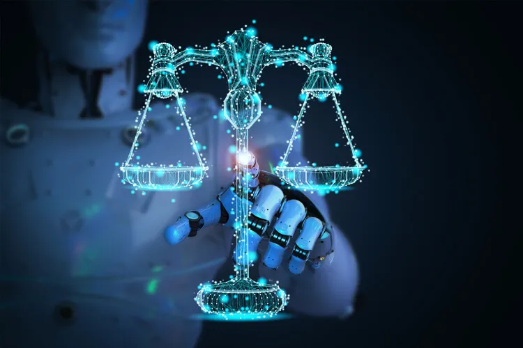 illustration of a scale drawn with blue light and held by a robotic hand