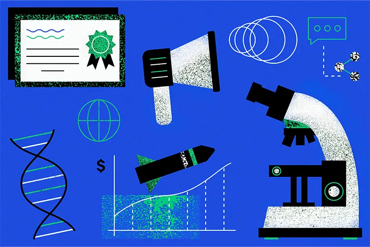 illustration of a microscope, a rocket and the image of DNA