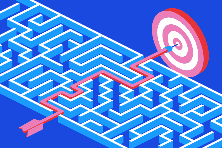 Illustration showing the path through a maze to reach the goal