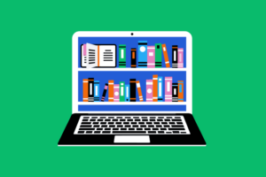 illustration of a computer with a shelf with books