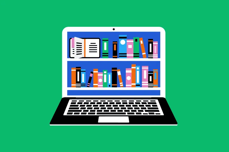 illustration of a computer with a bookshelf