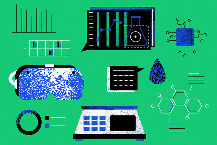 Representation of technology transfer with icons of biotechnology, physics, and informatics