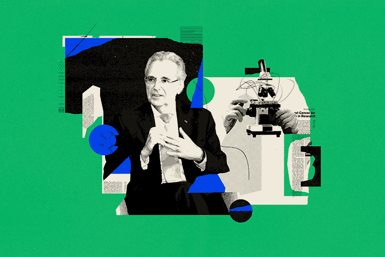 Ilustration of Ronald Depinho with a microscope