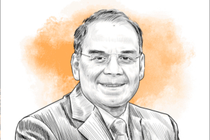 Illustrated pencil portrait of a middle-aged man wearing glasses.