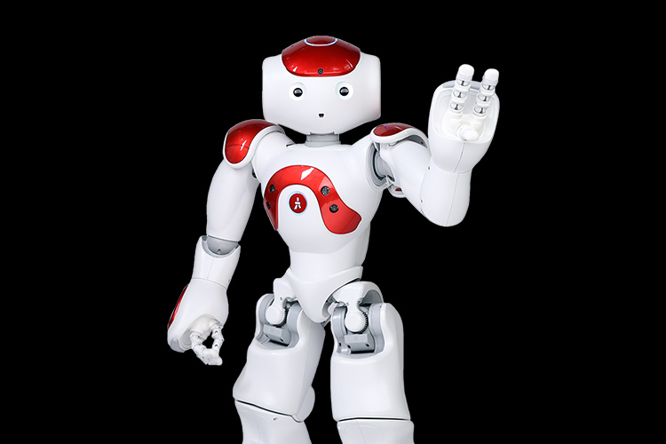 Photograph of a black and red humanoid robot