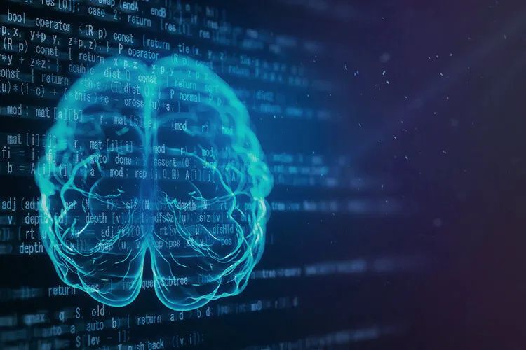 The brain is blue with a shiny surface centrally positioned against a black background. It's divided into various parts, each with a different function. The top part, the cerebral cortex, is responsible for thinking, language, and memory. The lower part, the brainstem, controls basic body functions like breathing and blood circulation. Key brain structures are visible, such as the frontal lobe for thinking and planning and the occipital lobe for vision.