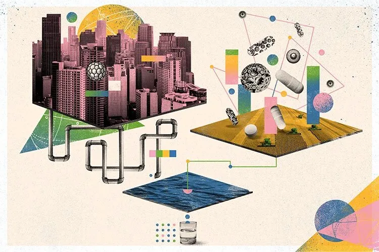 "Vibrant cityscape with diverse-height buildings. In the center, a glass of clear water. On the left, a pillbox; on the right, a chart depicting temperature evolution."