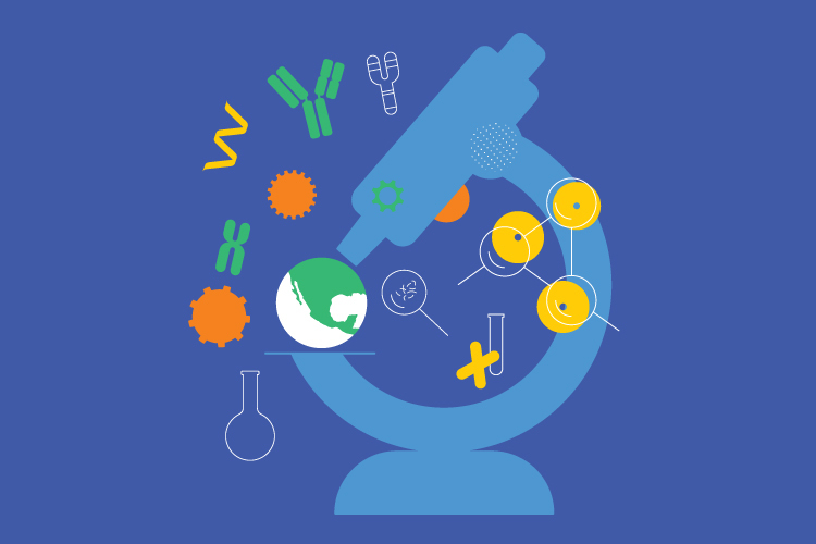 The image shows a microscope with a globe on a blue background. The globe is a symbol of the world, and the microscope is a symbol of science. The image represents the use of science to explore the world.