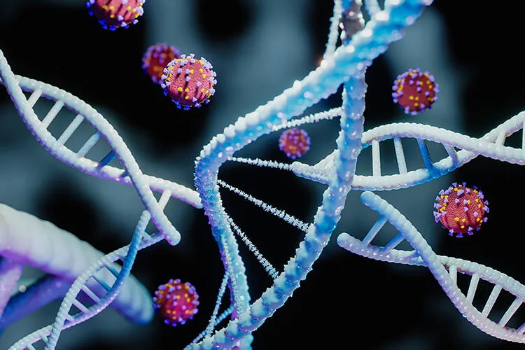 The image depicts a 3D representation of a double helix DNA molecule. The DNA molecule is composed of two nucleotide chains that coil around each other. Nucleotides are the building blocks of DNA and consist of a nitrogenous base, a deoxyribose sugar, and a phosphate group.