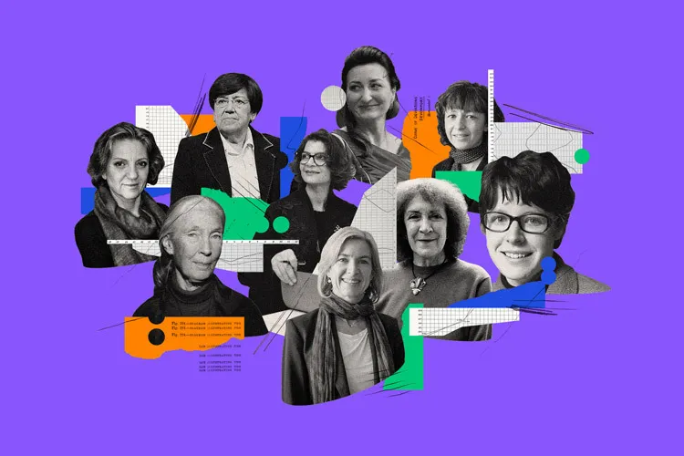 Illustration of the faces of 8 prominent female scientists