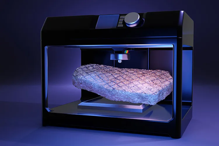 A 3D printer creating fibers to emulate the meat of animal origin.