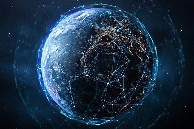 image of a globe connected by several satellites