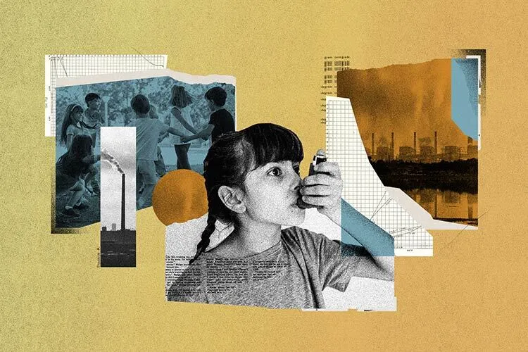 child using an asthma inhaler, because of air pollution
