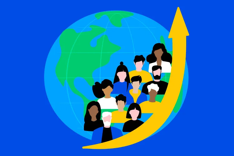 Illustration with planet Earth in the background and people on an upward arrow illustrates the concept of population growth.