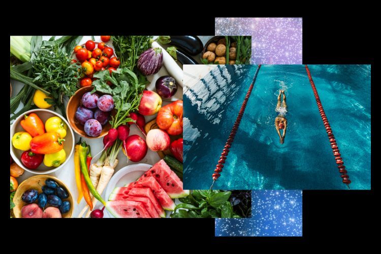 A collage featuring foods like fruits and vegetables alongside a swimmer during a competition.