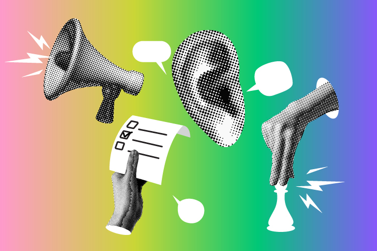 Illustration of an ear, a megaphone, a chess piece and a hand with a list.