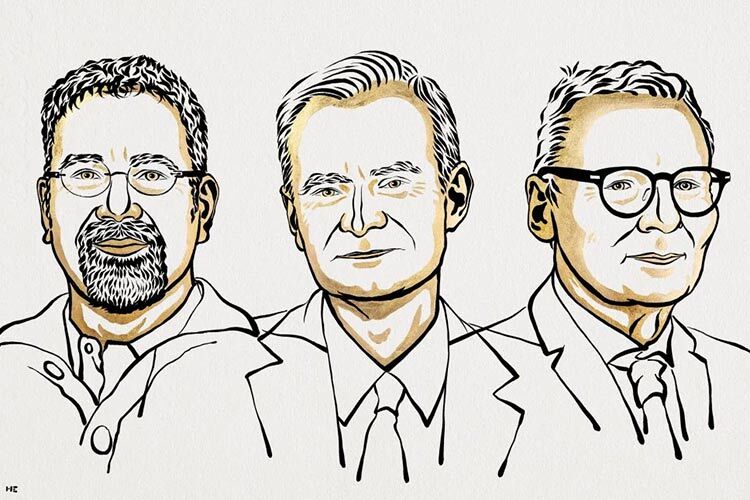 Nobel Laureates in Economics 2024 in simple drawing illustration, Daron Acemoglu, Simon Johnson and James Robinson.