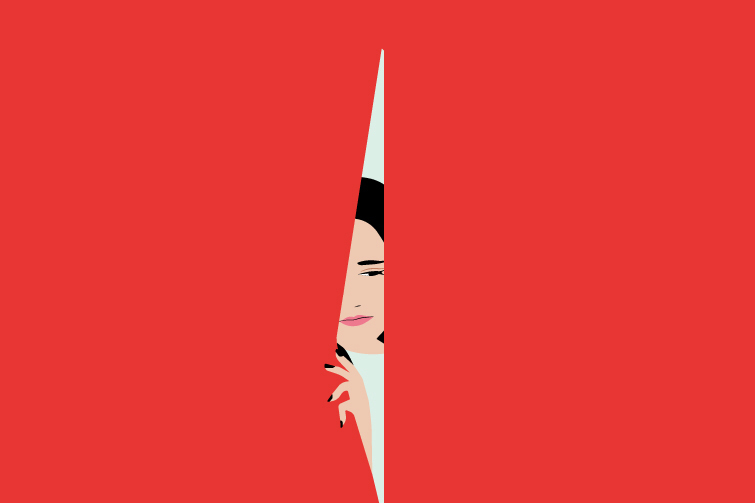 Illustration of a woman with a sad expression hiding behind a red curtain