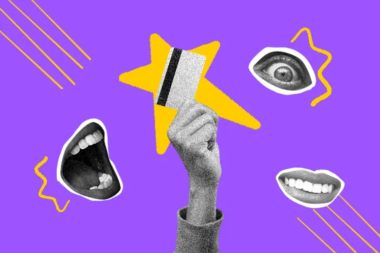 Illustration of a hand holding a credit card surrounded by two mouths and an eye