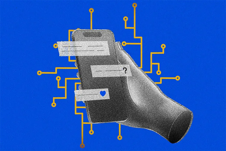 A cellphone is seen in an artificial hand, displaying a question mark and a heart.