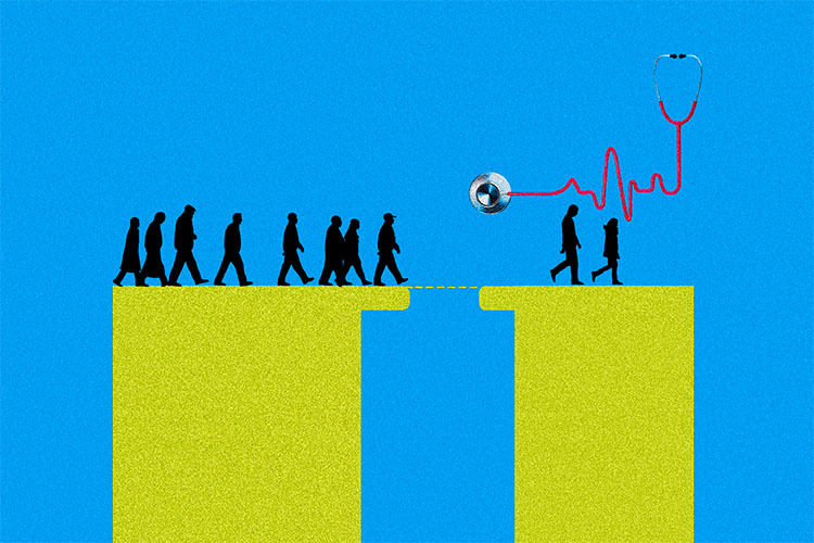 Illustration depicting a gap into which people without access to healthcare would fall
