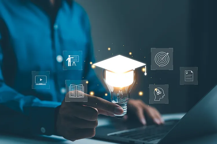 Illustration of a floating graduation cap, surrounded by technological symbols