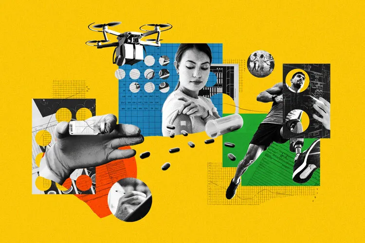 Conceptual illustration of medical innovation for social well-being presented at TecScience Summit 2026, featuring elements of clinical trials, pharmaceuticals, technology, and applied science.