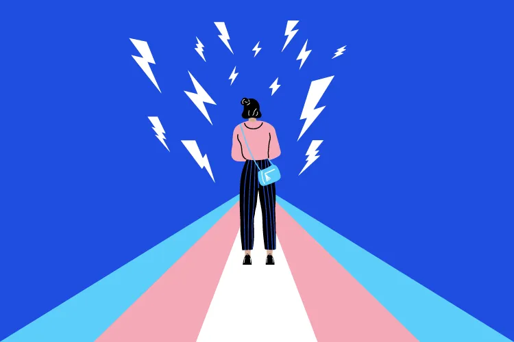 Illustration of a person walking on a trans flag