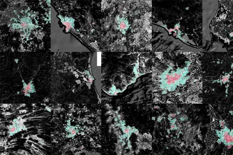 Satellite image mosaic of nine Mexican cities showing urban areas in pink and expansion areas in green.