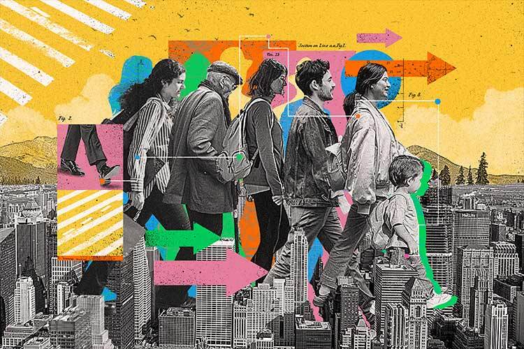 A collage showing people representing different social groups walking through a city.
