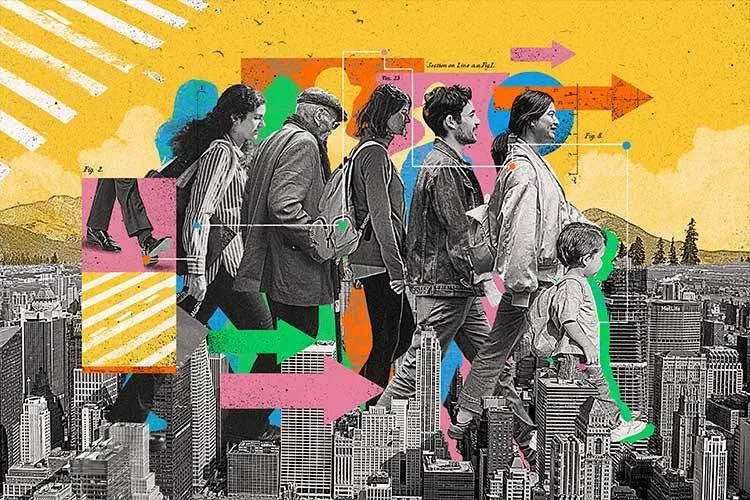 A collage showing people representing different social groups walking through a city.