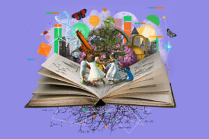 Illustration of an open book with children dancing on it.