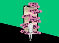 Illustration of a person in front of a giant cell phone, with ribbons that say false