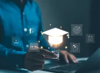 Illustration of a floating graduation cap, surrounded by technological symbols