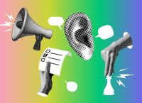 Illustration of an ear, a megaphone, a chess piece and a hand with a list.