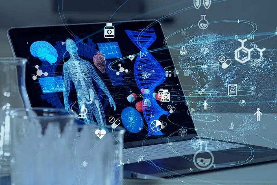 Illustration of a computer in a scientific laboratory