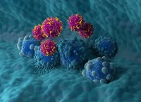 Illustration showing the use of chimeric antigen receptor (CAR) T cells (pink) to treat pancreatic cancer (blue).