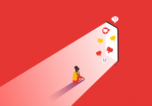 Illustration of a girl sitting in front of a door