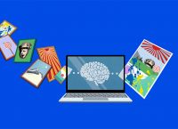 In the image, digital design applications are shown entering a computer screen displaying a brain.