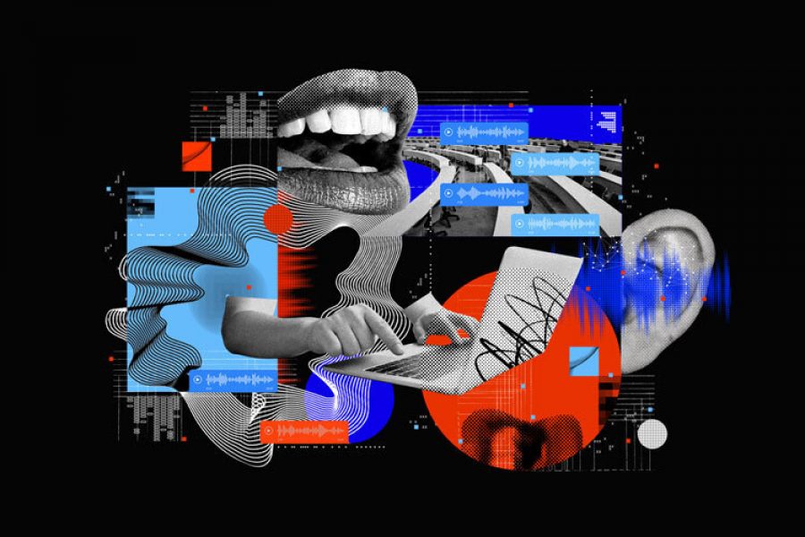 Photo illustration evoking how computers can foster human communication.