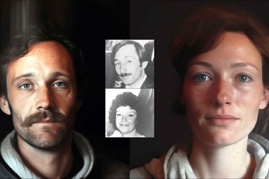 AI-generated portraits recreate how the babies stolen during Argentina’s dictatorship (1976–1983) might look today. Based on real photographs of their disappeared parents (center), the synthetic images depict those children as adults who would now be between 45 and 50 years old. (Photo: IAbuelas)